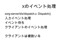 Xのイベント処理
xorg-server/dix/dispatch.c: Dispatch()
入力イベント処理
イベント待ち
クライアントのイベント処理

クライアントは複数いる
 