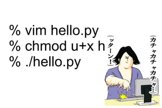 % vim hello.py
% chmod u+x hello.py
% ./hello.py
 