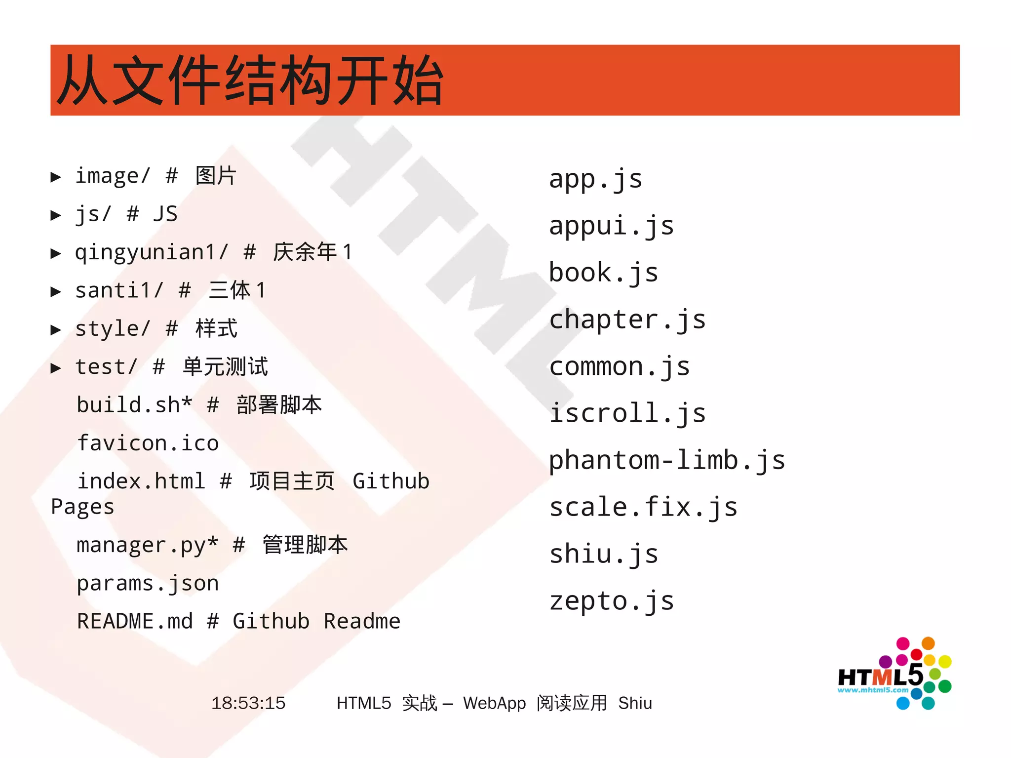 从文件结构开始
▸ image/ # 图片                             app.js
▸ js/ # JS
                                          appui.js
▸ qingyunian1/ # 庆余年 1
                                          book.js
▸ santi1/ # 三体 1
▸ style/ # 样式                             chapter.js
▸ test/ # 单元测试                            common.js
  build.sh* # 部署脚本                        iscroll.js
  favicon.ico
                                          phantom-limb.js
  index.html # 项目主页 Github
Pages                                     scale.fix.js
  manager.py* # 管理脚本                      shiu.js
  params.json
                                          zepto.js
  README.md # Github Readme


             18:53:15   HTML5 实战 – WebApp 阅读应用 Shiu
 