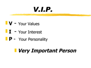 V.I.P.
„ V - Your Values
„ I - Your Interest
„ P - Your Personality

    „ Very Important Person
 