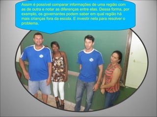 Assim é possível comparar informações de uma região com
as de outra e notar as diferenças entre elas. Dessa forma, por
exemplo, os governantes podem saber em qual região há
mais crianças fora da escola. E investir nela para resolver o
problema.
 