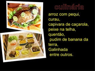 arroz com pequi,
curau,
capivara de caçarola,
peixe na telha,
quentão,
 pudim de banana da
terra,
Galinhada
 entre outros.
 