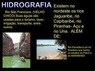 Existem no
* Rio São Francisco, (VELHO     nordeste os rios
CHICO) Suas águas são           Jaguaribe, rio
usadas para o turismo, lazer,
irrigação, transporte, entre
                                Capibaribe, rio
outros.                         Piranhas- Açu e
                                rio Una. ALÉM
                                DE:

                                       Rio Parnaíba é um rio
                                       Brasileiro que banha
                                       os estados do PIAUÍ e
                                       do MARANHÃO
 