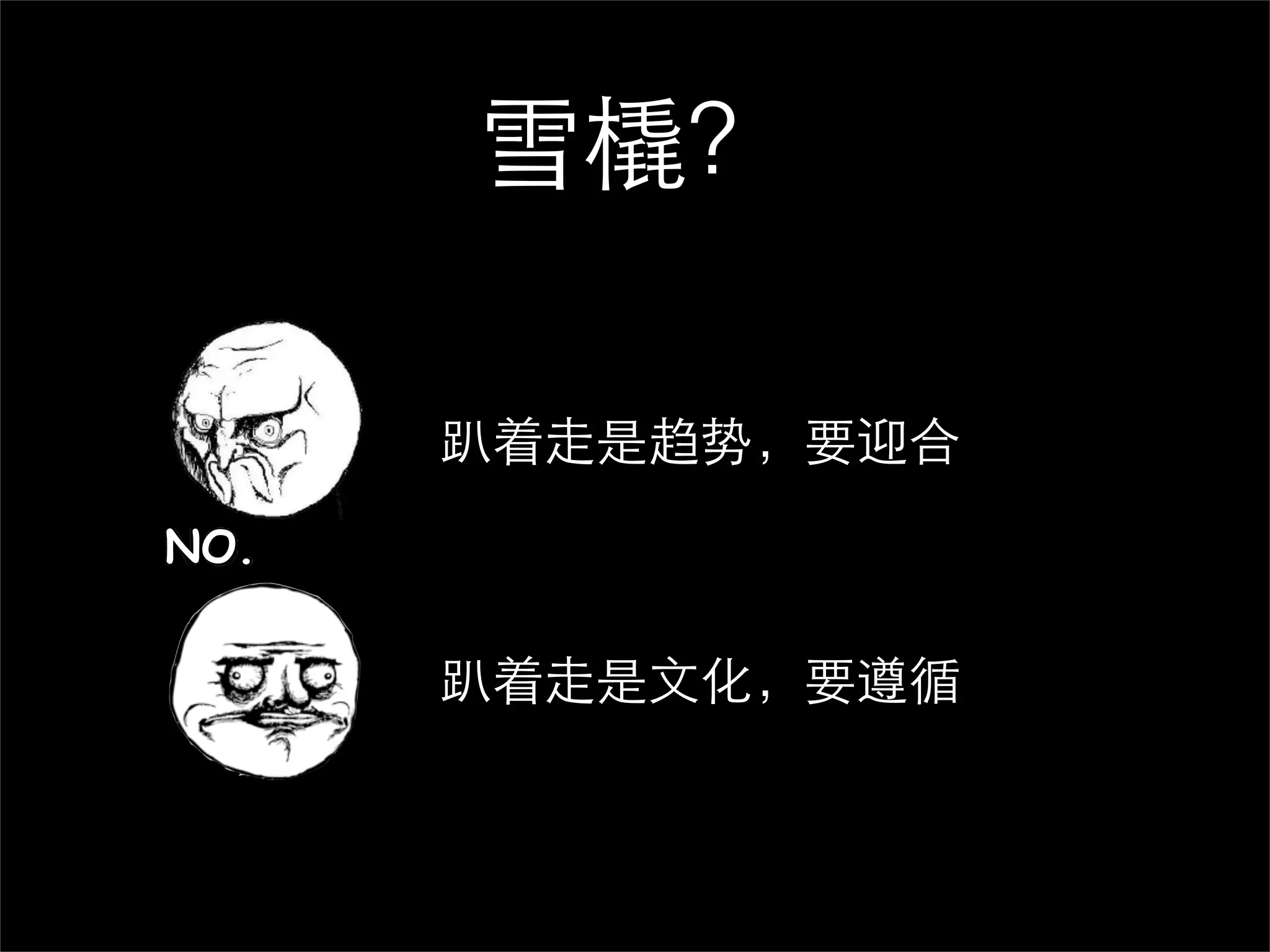 雪橇？

      趴着走是趋势，要迎合
NO.


      趴着走是文化，要遵循
 