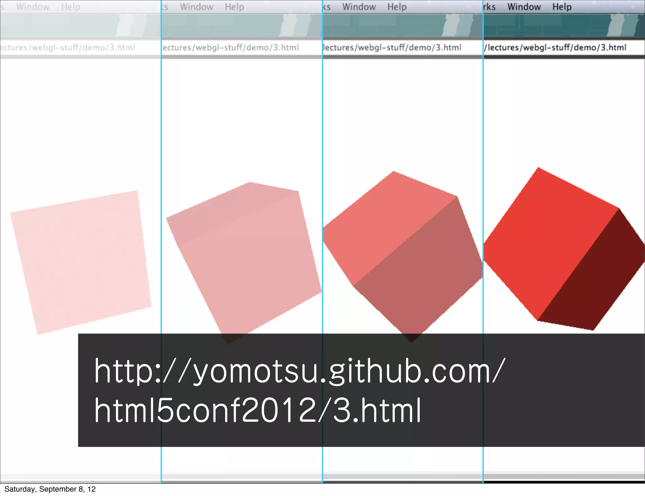 http://yomotsu.github.com/
                        html5conf2012/3.html

Saturday, September 8, 12
 
