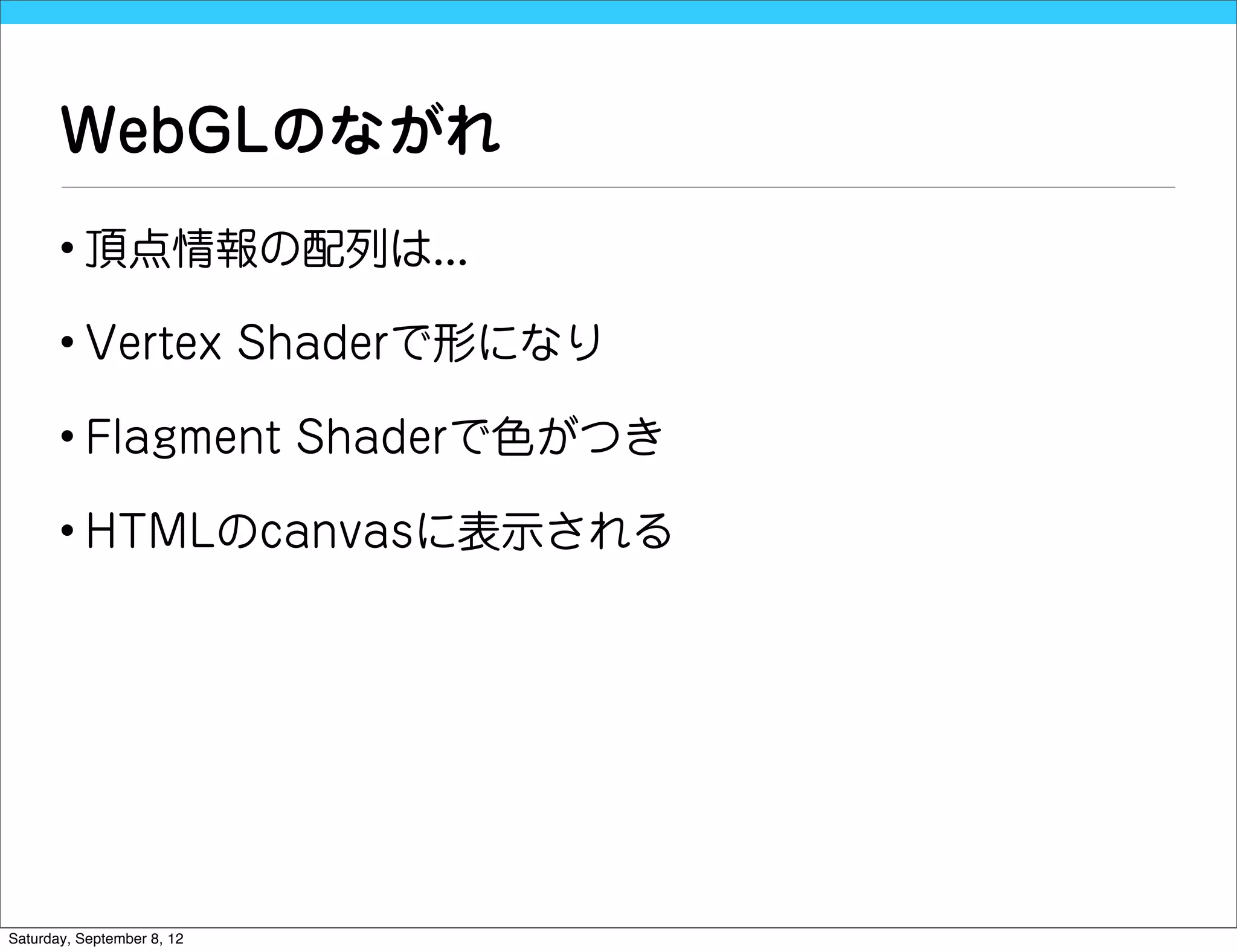 WebGLのながれ
       • 頂点情報の配列は...

       • Vertex Shaderで形になり

       • Flagment Shaderで色がつき

       • HTMLのcanvasに表示される




Saturday, September 8, 12
 