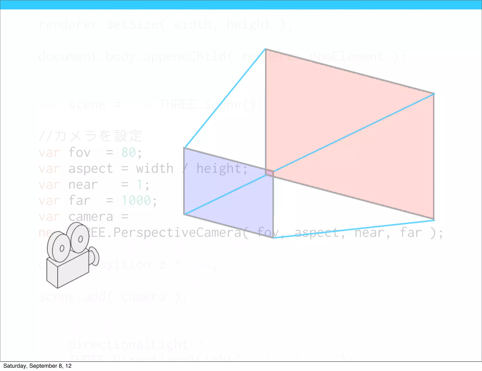 //レンダラーのサイズは当初設定したwidthとheightと同じに
            renderer.setSize( width, height );
            //HTMLのbody要素直下の子要素としてレンダラーを追加
            document.body.appendChild( renderer.domElement );

            //シーンを設定
            var scene = new THREE.Scene();

            //カメラを設定
            var fov = 80;
            var aspect = width / height;
            var near   = 1;
            var far = 1000;
            var camera =
            new THREE.PerspectiveCamera( fov, aspect, near, far );
            //カメラの位置を手前に500移動
            camera.position.z = 500;
            //カメラをシーンに追加
            scene.add( camera );

            //光源を設定
            var directionalLight =
            new THREE.DirectionalLight( 0xffffff, 3 );
Saturday, September 8, 12
 