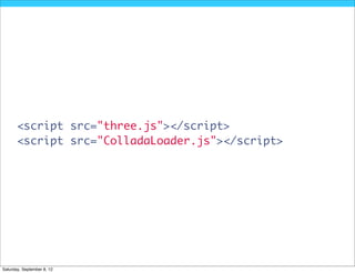 <script src="three.js"></script>
       <script src="ColladaLoader.js"></script>




Saturday, September 8, 12
 