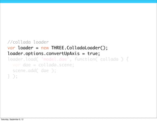 //collada loader
       var loader = new THREE.ColladaLoader();
       loader.options.convertUpAxis = true;
       loader.load( 'model.dae', function( collada ) {
         var dae = collada.scene;
         scene.add( dae );
       } );




Saturday, September 8, 12
 