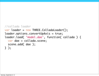 //collada loader
       var loader = new THREE.ColladaLoader();
       loader.options.convertUpAxis = true;
       loader.load( 'model.dae', function( collada ) {
         var dae = collada.scene;
         scene.add( dae );
       } );




Saturday, September 8, 12
 