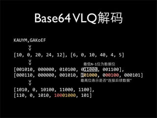 Base64 VLQ解码
KAUYM,GAKoEF
        >>




[10,	
  0,	
  20,	
  24,	
  12],	
  [6,	
  0,	
  10,	
  40,	
  4,	
  5]
        >>




                                            最低N-­‐1位为数据位
[001010,	
  000000,	
  010100,	
  011000,	
  001100],	
  
                                   01000,	
  	
  00100
[000110,	
  000000,	
  001010,	
  101000,	
  000100,	
  000101]
                                          最⾼高位表⽰示是否“连接后续数据”
        >>




[1010,	
  0,	
  10100,	
  11000,	
  1100],	
  
[110,	
  0,	
  1010,	
  10001000,	
  101]
 