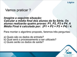 Lógica


 Vamos praticar ?

Imagine a seguinte situação:
Calcular a média final dos alunos da 6a Série. Os
alunos realizarão quatro provas: P1, P2, P3 e P4. A
Média Final é calculada por: (P1 + P2 + P3 + P4) / 4.
Para montar o algoritmo proposto, faremos três perguntas:

a) Quais são os dados de entrada?
b) Qual será o processamento a ser utilizado?
c) Quais serão os dados de saída?
 