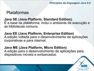 Princípios da linguagem Java 6.0


 Plataformas
Java SE (Java Platform, Standard Edition).
É a base da plataforma; inclui o ambiente de execução e
as bibliotecas comuns.

Java EE (Java Platform, Enterprise Edition)
A edição voltada para o desenvolvimento de aplicações
corporativas e para internet.

Java ME (Java Platform, Micro Edition)
A edição para o desenvolvimento de aplicações para
dispositivos móveis e embarcados.
 