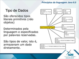 Princípios da linguagem Java 6.0


 Tipo de Dados
São oferecidos tipos
literais primitivos (não
objetos)

Determinados pela
linguagem e especificados
por palavras reservadas.

São tipos de valor, isto é,
armazenam um dado
diretamente.
 