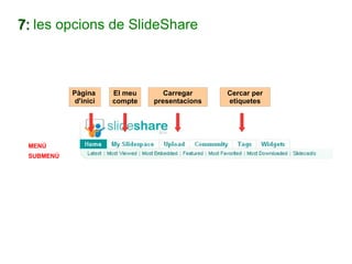 7:  les opcions de SlideShare Pàgina d'inici El meu compte Carregar presentacions Cercar per etiquetes MENÚ SUBMENÚ 