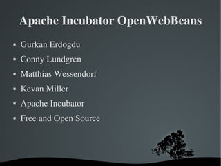 Apache Incubator OpenWebBeans ,[object Object],[object Object],[object Object],[object Object],[object Object],[object Object]