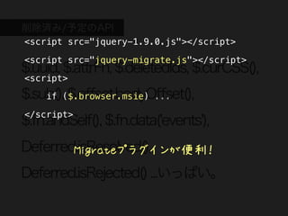 削除済み/予定のAPI
<script src="jquery-1.9.0.js"></script>

<script src="jquery-migrate.js"></script>
$.uuid, $.attrFn, $.deletedIds, $.curCSS(),
<script>
$.sub(),($.browser.msie) ...
    if $.offset.bodyOffset(),

</script>
$.fn.andSelf(), $.fn.data('events'),
Deferred.isResolved(),
        Migrateプラグインが便利！
Deferred.isRejected() ...いっぱい。
 