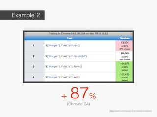 Example 2




            +   87%
            (Chrome 24)
                          http://jsperf.com/jquery-first-selectors-ptan/2
 