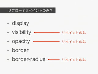 リフロー？リペイントのみ？


- display
- visibility      リペイントのみ

- opacity         リペイントのみ

- border
- border-radius   リペイントのみ
 