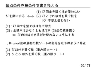 頂点条件を枝条件で書き換える
           (1) U 同士を繋ぐ枝を使わない
U を葉にする ⇐⇒ (2) U とそれ以外を繋ぐ枝を
               |U | 本以上使わない
(1)：U 同士を繋ぐ枝は先に除去
(2)：全域木は少なくとも |U | 本 (2) 型の枝を使う
    ⇒ U の枝はできるだけ使わないようにする

∴ Kruskal 法の最初の枝ソートの部分を以下のように修正
(1) U 以外を繋ぐ枝（重み順ソート）
(2) U と U 以外を繋ぐ枝（重み順ソート）


                                  20/ 71
 