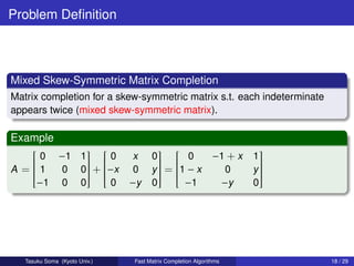 Problem Deﬁnition



Mixed Skew-Symmetric Matrix Completion
Matrix completion for a skew-symmetric matrix s.t. each indeterminate
appears twice (mixed skew-symmetric matrix).

Example
                                      
    0 −1 1  0
   
           
                  x 0  0
                         
                                −1 + x 1
                                           
A =1   0 0 + −x 0 y  = 1 − x   0    y
   
           
                       
                                         
                                           
   
   
           
                       
                                         
                                           
    −1 0 0
            
                 0 −y 0
                         
                             −1    −y
                                           
                                         0




   Tasuku Soma (Kyoto Univ.)   Fast Matrix Completion Algorithms        18 / 29
 