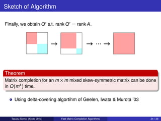 Sketch of Algorithm

Finally, we obtain Q s.t. rank Q = rank A .




Theorem
Matrix completion for an m × m mixed skew-symmetric matrix can be done
in O (m4 ) time.

     Using delta-covering algortihm of Geelen, Iwata & Murota ’03



   Tasuku Soma (Kyoto Univ.)   Fast Matrix Completion Algorithms    24 / 29
 