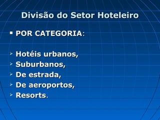 Divisão do Setor HoteleiroDivisão do Setor Hoteleiro
 POR CATEGORIAPOR CATEGORIA::
 Hotéis urbanos,Hotéis urbanos,
 Suburbanos,Suburbanos,
 De estrada,De estrada,
 De aeroportos,De aeroportos,
 ResortsResorts..
 