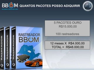 5 PACOTES OURO
R$15.000,00
100 rastreadores
12 meses X R$4.000,00
TOTAL = R$48.000,00
QUANTOS PACOTES POSSO ADIQUIRIR
 