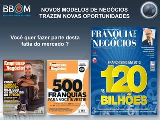 NOVOS MODELOS DE NEGÓCIOS
TRAZEM NOVAS OPORTUNIDADES
Você quer fazer parte desta
fatia do mercado ?
 