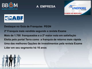 A EMPRESA
16 ANOS NO MERCADO
Eleita pelo portal Terra como a franquia de retorno mais rápida
Líder em seu segmento há 16 anos
2º Franquia mais vendida segundo a revista Exame
Mais de 1.700 franqueados e a 2º maior nota em satisfação
Destaque no Guia de Franquias PEGN
Uma das melhores Opções de investimentos pela revista Exame
 