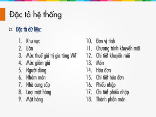 Đặc tả hệ thống
1. Khu vực
2. Bàn
3. Mức thuế giá trị gia tăng VAT
4. Mức giảm giá
5. Người dùng
6. Nhóm món
7. Nhà cung cấp
8. Loại mặt hàng
9. Mặt hàng
10. Đơn vị tính
11. Chương trình khuyến mãi
12. Chi tiết khuyến mãi
13. Món
14. Hóa đơn
15. Chi tiết hóa đơn
16. Phiếu nhập
17. Chi tiết phiếu nhập
18. Thành phần món
 Đặc tả dữ liệu:
 