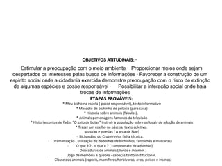 OBJETIVOS ATITUDINAIS: ·OBJETIVOS ATITUDINAIS: ·
  Estimular a preocupação com o meio ambiente ·  Proporcionar meios onde sejam 
despertados os interesses pelas busca de informações · Favorecer a construção de um 
espírito social onde a cidadania exercida demonstre preocupação com o risco de extinção 
de algumas espécies e posse responsável ·     Possibilitar a interação social onde haja 
trocas de informações       
  ETAPAS PROVÁVEIS:ETAPAS PROVÁVEIS:
* Meu bicho na escola ( posse responsável), texto informativo
* Mascote de bichinho de pelúcia (para casa)
* Historia sobre animais (fabulas),
* Animais personagens famosos da televisão
* Historia contos de fadas “O gato de botas” instruir a população sobre os locais de adoção de animais
* Trazer um coelho na páscoa, texto coletivo.
Musicas e poesias ( A arca de Noé)
· Bichonáiro do Cruzeirinho, ficha técnica.
· Dramatização ( utilização de dedoches de bichinhos, fantoches e mascaras)
· O que é ? ..o que é ? ( campeonato de advinhas)
· Dobraduras de animais ( livros e internet )
Jogo da memória e quebra - cabeças texto institucional.
· Classe dos animais (repteis, mamíferos,herbívoros, aves, peixes e insetos)
 