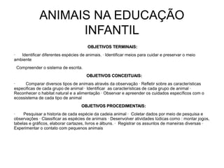 ANIMAIS NA EDUCAÇÃO
INFANTIL
OBJETIVOS TERMINAIS:OBJETIVOS TERMINAIS:
· Identificar diferentes espécies de animais. · Identificar meios para cuidar e preservar o meio
ambiente
Compreender o sistema de escrita.
OBJETIVOS CONCEITUAIS:OBJETIVOS CONCEITUAIS:
· Comparar diversos tipos de animais através da observação · Refletir sobre as características
especificas de cada grupo de animal · Identificar as características de cada grupo de animal ·
Reconhecer o habitat natural e a alimentação · Observar e apreender os cuidados específicos com o
ecossistema de cada tipo de animal
OBJETIVOS PROCEDIMENTAIS:OBJETIVOS PROCEDIMENTAIS:
· Pesquisar a historia de cada espécie da cadeia animal · Coletar dados por meio de pesquisa e
observações · Classificar as espécies de animais · Desenvolver atividades lúdicas como : montar jogos,
tabelas e gráficos, elaborar cartazes, livros e álbuns. · Registrar os assuntos de maneiras diversas ·
Experimentar o contato com pequenos animais
 