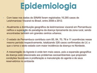 Epidemiologia
• Com base nos dados do SINAN foram registrados 16.285 casos de
Leishmaniose Visceral no Brasil, entre 2008 e 2012.
• Atualmente a distribuição geográfica da leishmaniose visceral em Pernambuco
ratifica a superação do paradigma da doença tipicamente da zona rural, sendo
encontradas também em grandes centros urbanos;
• O estado de Pernambuco contribuiu com 85, 84, 70, 76 e 11 ocorrências nesse
mesmo período respectivamente, totalizando 326 casos confirmados de LV, o
que o torna o sexto estado com maior incidência da doença no Nordeste.
• A mesorregião do Agreste é onde tem mais casos, pois a expansão geográfica
da doença está relacionada aos problemas socioambientais que propiciam
condições favoráveis à proliferação e manutenção do agente e de seus
reservatórios no ambiente
 
