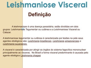Leishmaniose Visceral
A leishmaniose é uma doença parasitária. estão divididas em dois
grupos: Leishmaniose Tegumentar ou cutânea e a Leishmaniose Visceral ou
Calazar.
A leishmaniose tegumentar ou cutânea é caracterizada por lesões na pele seus
agentes etiológicos são: Leishmania braziliensis, Leishmania amazonenses e
Leishmania guyanensis.
A visceral é caracterizada por atingir os órgãos do sistema fagocítico mononuclear
principalmente as vísceras. No Brasil a forma visceral predominante é causada pelo
agente etiológico Leishmania chagasi
Definição
 