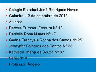 ● Colégio Estadual José Rodrigues Naves.
● Goianira, 12 de setembro de 2013.
● Alunas:
● Débora Europeu Ferreira Nº 18
● Danielle Rosa Nunes Nº 17
● Geâne Francyele Rocha dos Santos Nº 25
● Jennyffer Palhares dos Santos Nº 33
● Kathleen Marques Souza Nº 37
● Série: 1° A
● Professor: Ângelo
 