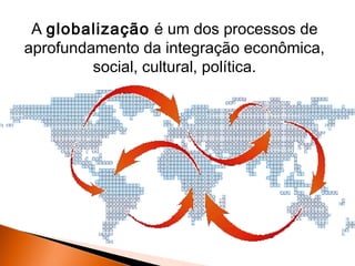 A globalização é um dos processos de
aprofundamento da integração econômica,
social, cultural, política.

 
