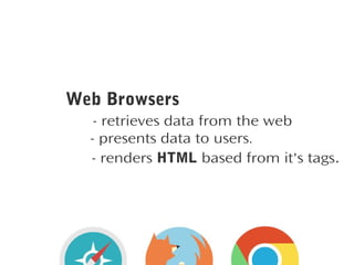 Web Browsers
- retrieves data from the web
- presents data to users.
- renders HTML based from it's tags.

 