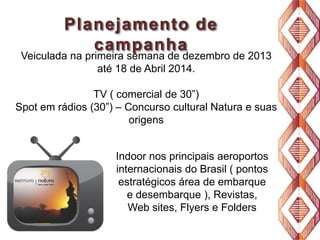 Planejamento de
campanha

Veiculada na primeira semana de dezembro de 2013
até 18 de Abril 2014.
TV ( comercial de 30”)
Spot em rádios (30”) – Concurso cultural Natura e suas
origens

Indoor nos principais aeroportos
internacionais do Brasil ( pontos
estratégicos área de embarque
e desembarque ), Revistas,
Web sites, Flyers e Folders

 