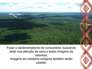Focar o sentimentalismo do consumidor, buscando
atrair sua atenção de sons e belas imagens da
natureza.
Imagens do cotidiano indígena também serão
usadas.

 