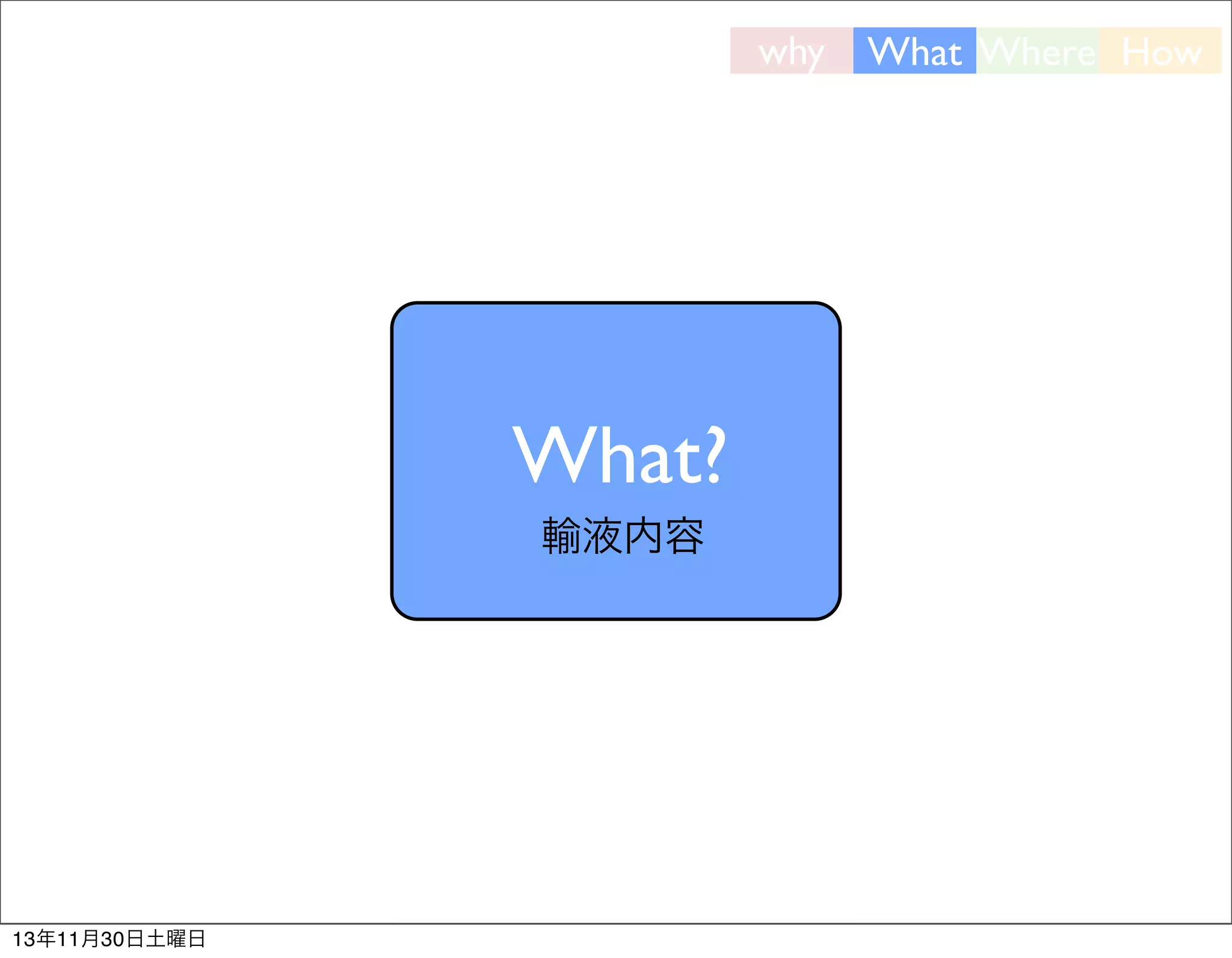 why

What?
輸液内容

13年11月30日土曜日

What Where How

 