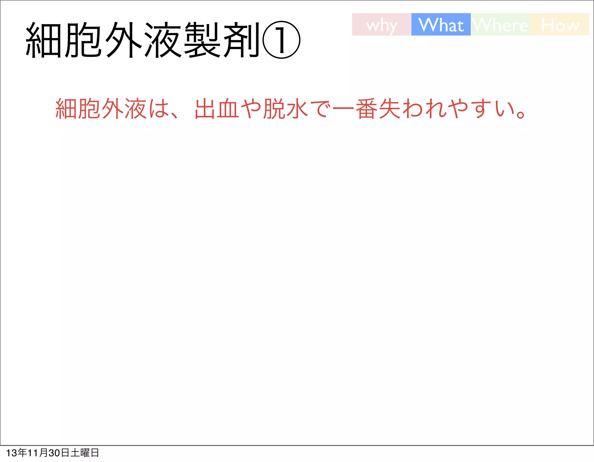細胞外液製剤①

why

What Where How

細胞外液は、出血や脱水で一番失われやすい。

13年11月30日土曜日

 