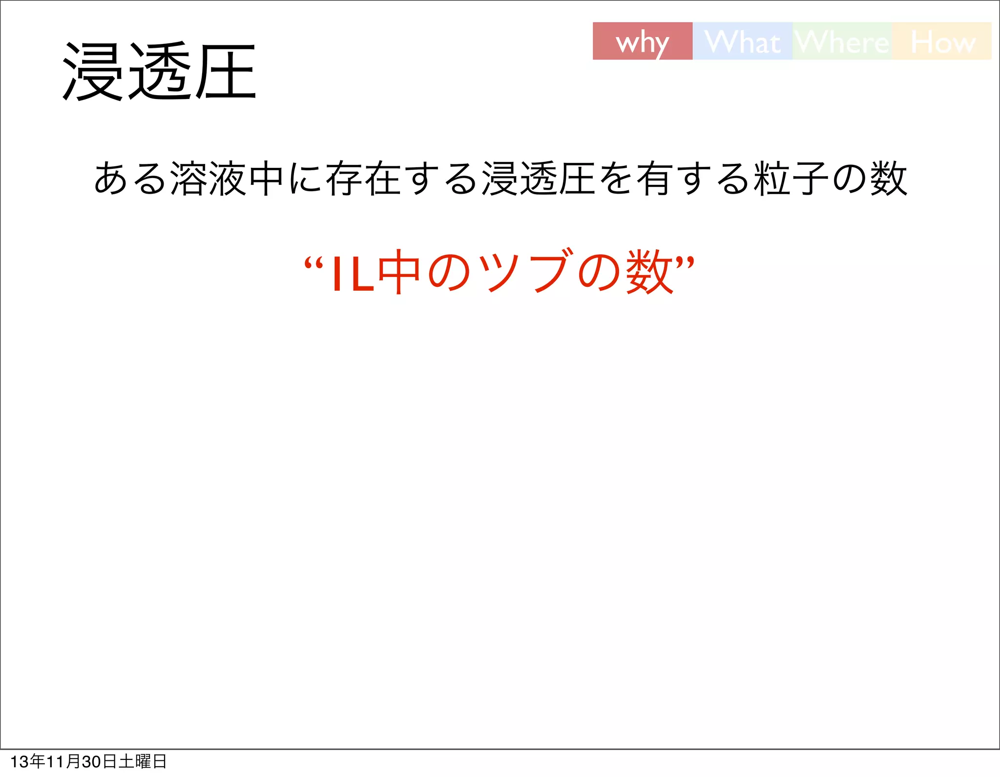 浸透圧

why

What Where How

ある溶液中に存在する浸透圧を有する粒子の数

“1L中のツブの数”

13年11月30日土曜日

 