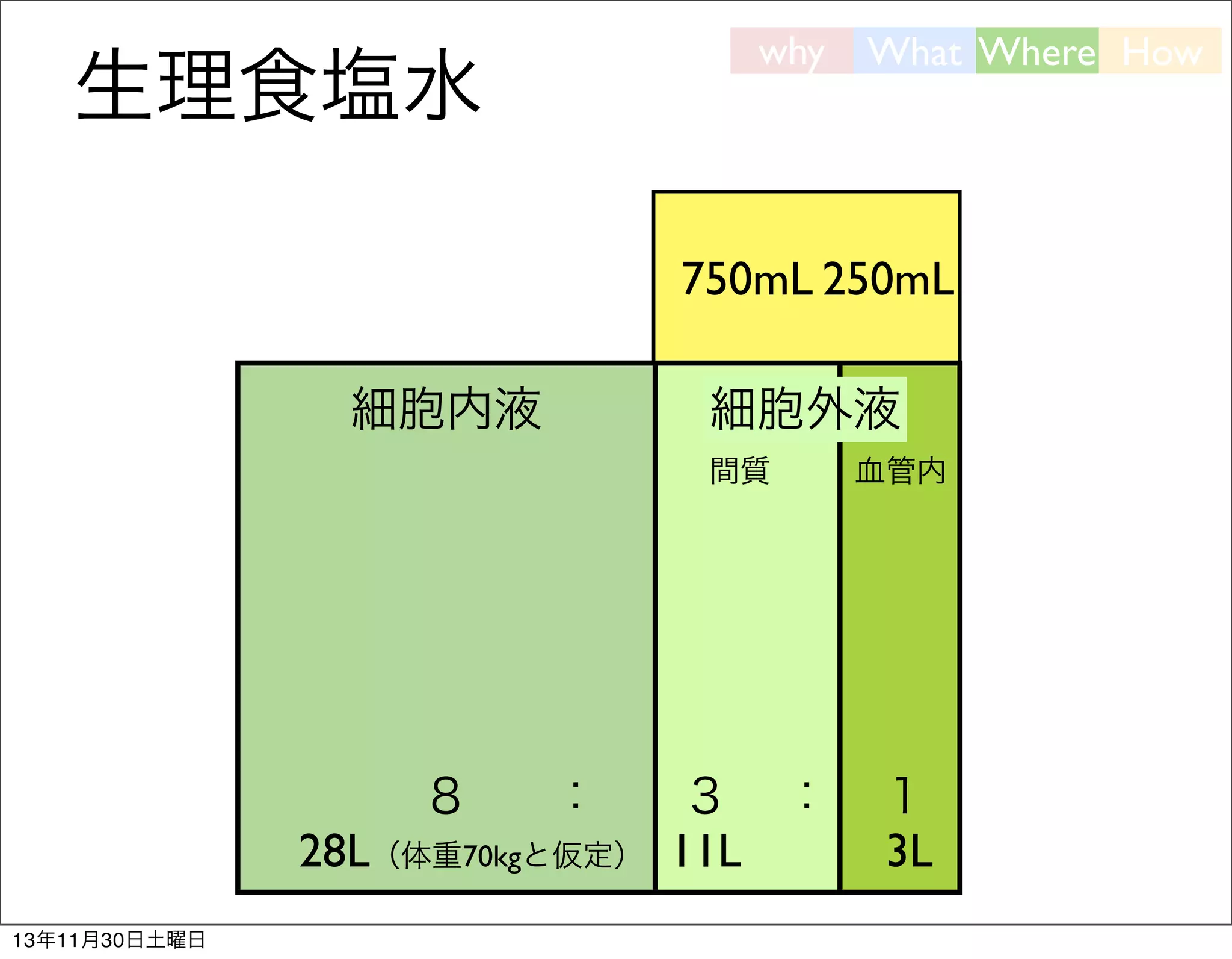 why

生理食塩水

What Where How

750mL 250mL
細胞内液

細胞外液
間質

８

：

28L（体重70kgと仮定）
13年11月30日土曜日

３ ：
11L

血管内

１
3L

 