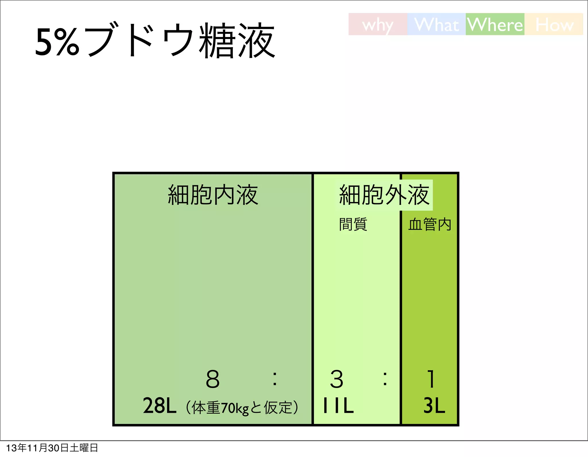 5%ブドウ糖液

細胞内液

why

細胞外液
間質

８

：

28L（体重70kgと仮定）
13年11月30日土曜日

What Where How

３ ：
11L

血管内

１
3L

 