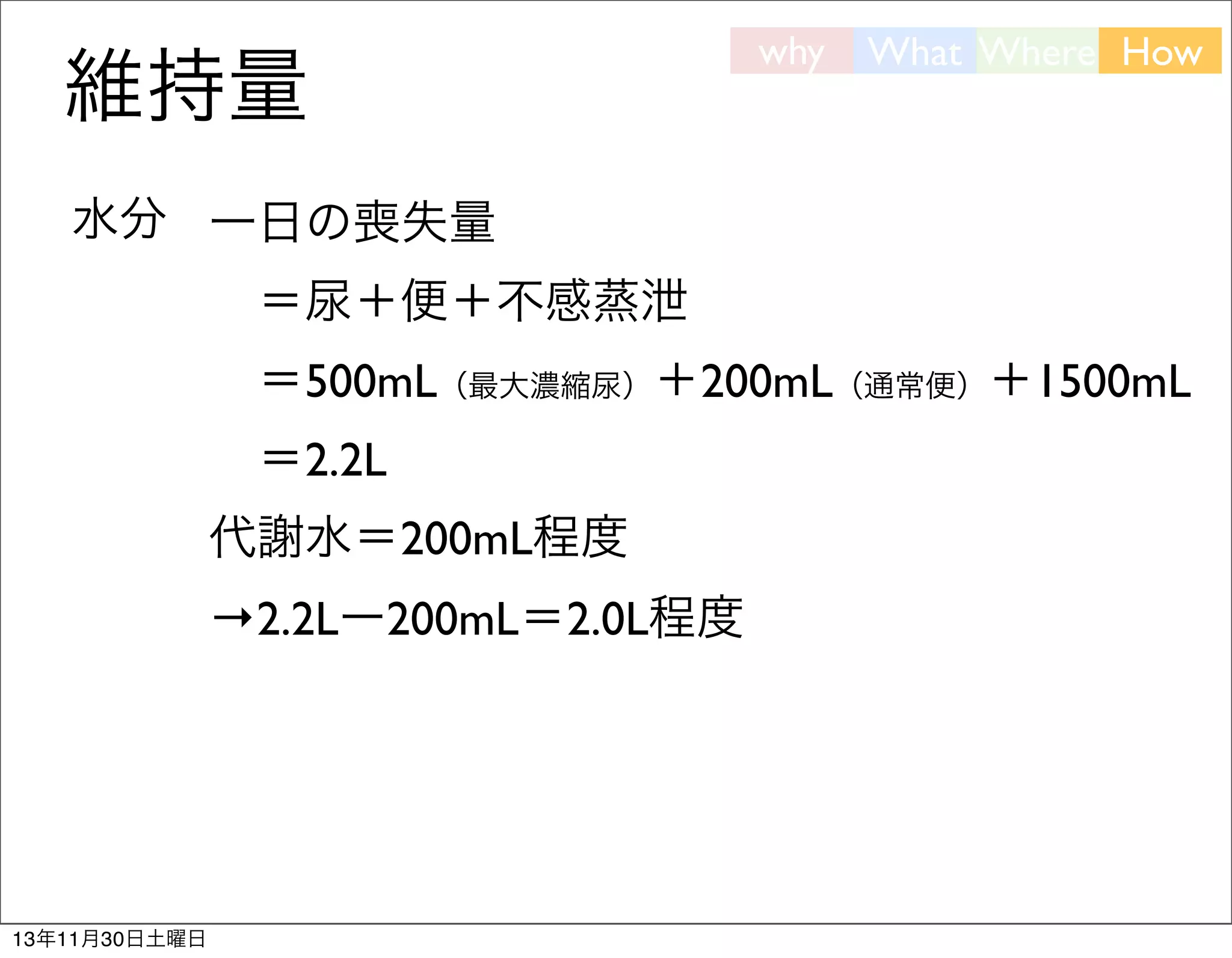 維持量

why

What Where How

水分 一日の喪失量
 ＝尿＋便＋不感蒸泄
 ＝500mL（最大濃縮尿）＋200mL（通常便）＋1500mL
 ＝2.2L
代謝水＝200mL程度
→2.2Lー200mL＝2.0L程度

13年11月30日土曜日

 