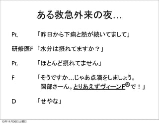 ある救急外来の夜…
Pt.	
 　　　「昨日から下痢と熱が続いてまして」
研修医F　「水分は摂れてますか？」
Pt.	
 　　　「ほとんど摂れてません」
F	
	
 　　　「そうですか…じゃあ点滴をしましょう。
　　　　　　　岡部さーん。とりあえずヴィーンF® で！」
D	
 　　　「せやな」
	

13年11月30日土曜日

 