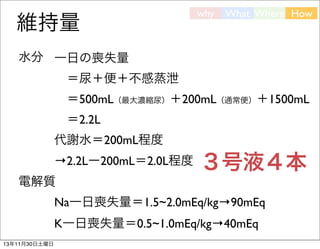 維持量

why

What Where How

水分 一日の喪失量
 ＝尿＋便＋不感蒸泄
 ＝500mL（最大濃縮尿）＋200mL（通常便）＋1500mL
 ＝2.2L
代謝水＝200mL程度
→2.2Lー200mL＝2.0L程度

３号液４本

電解質
Na一日喪失量＝1.5~2.0mEq/kg→90mEq
K一日喪失量＝0.5~1.0mEq/kg→40mEq
13年11月30日土曜日

 