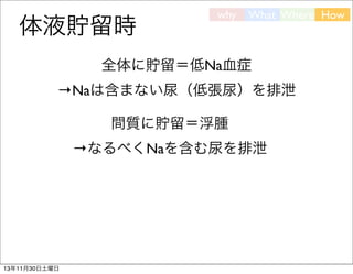 体液貯留時

why

What Where How

全体に貯留＝低Na血症
→Naは含まない尿（低張尿）を排泄
間質に貯留＝浮腫
→なるべくNaを含む尿を排泄

13年11月30日土曜日

 