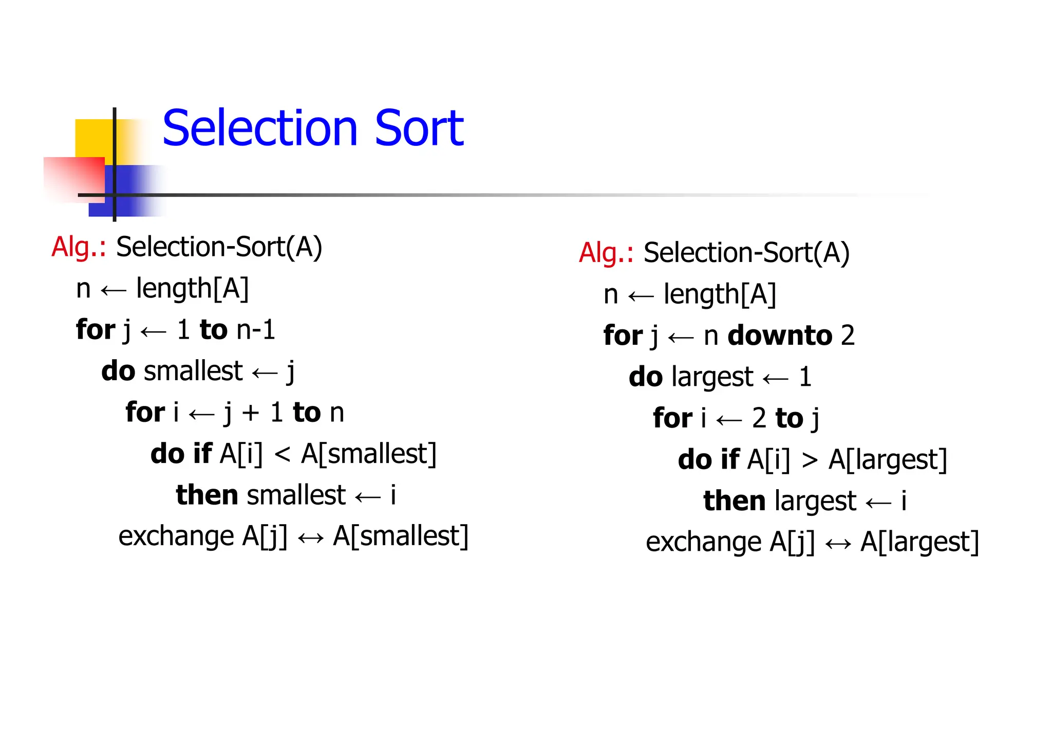 Alg.: Selection-Sort(A)
n ← length[A]
for j ← 1 to n-1
do smallest ← j
for i ← j + 1 to n
do if A[i] < A[smallest]
then smallest ← i
exchange A[j] ↔ A[smallest]
Selection Sort
Alg.: Selection-Sort(A)
n ← length[A]
for j ← n downto 2
do largest ← 1
for i ← 2 to j
do if A[i] > A[largest]
then largest ← i
exchange A[j] ↔ A[largest]
 